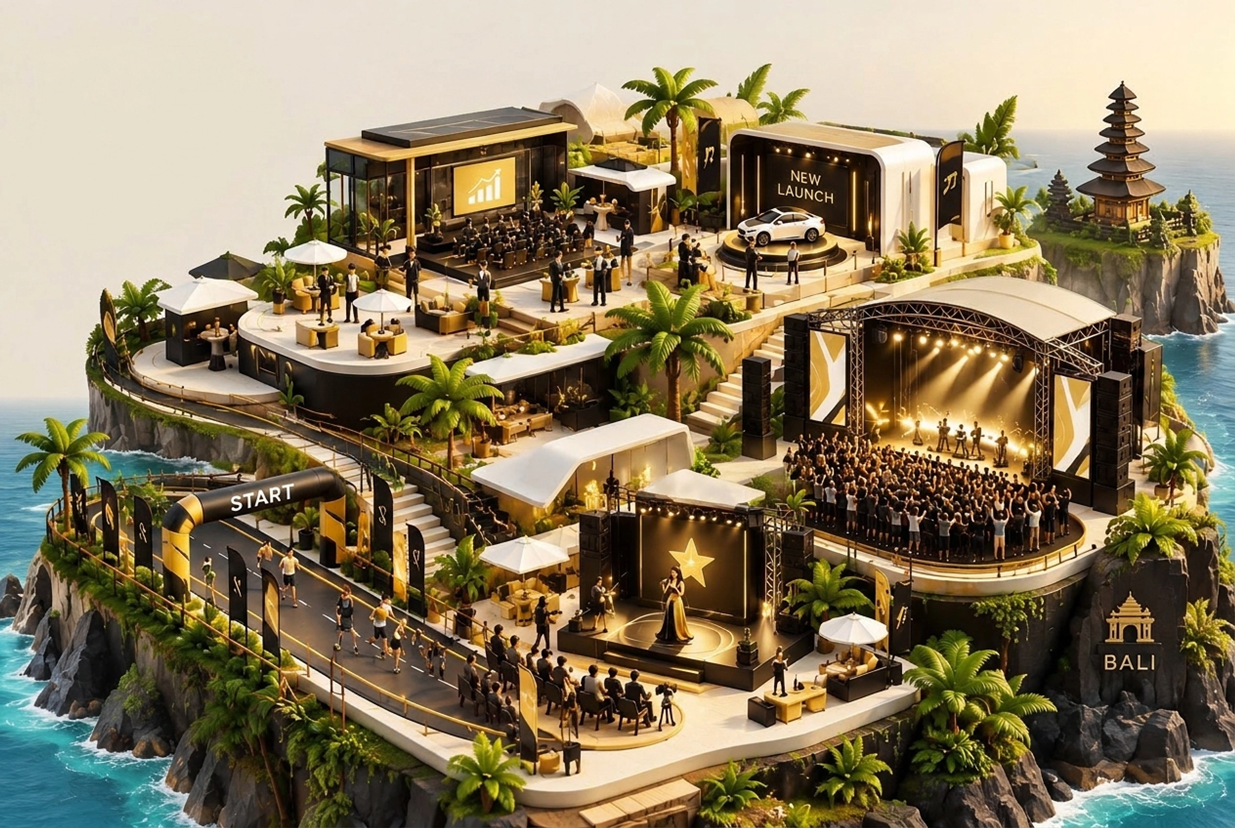 3D isometric illustration of luxury event venues on a tropical Bali island